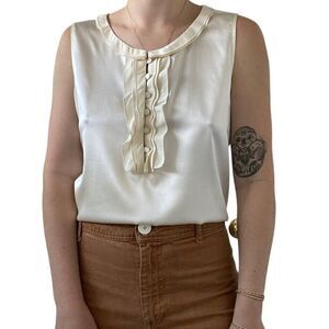 Talbots Womens Stretch Silk White Ruffle Front Sleeveless Preppy Blouse Sz 10